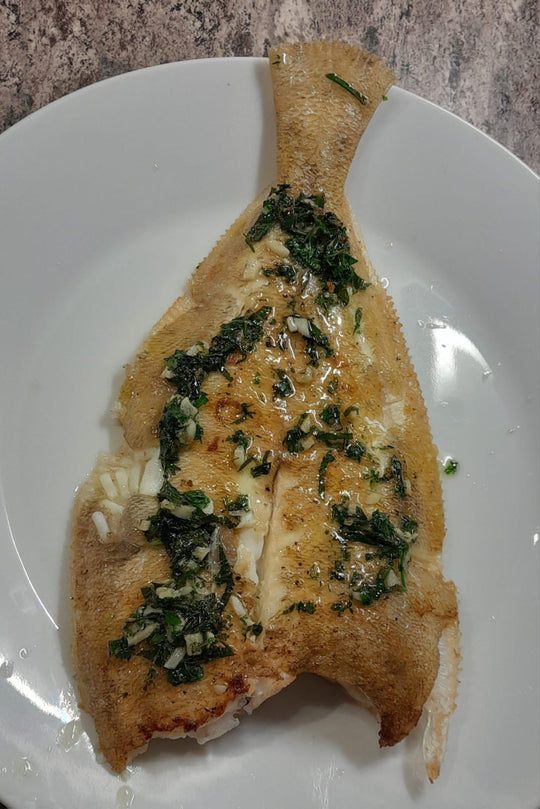 Pan fried Megrim ( Cornish ) Sole with garlic, parsley and mint butter